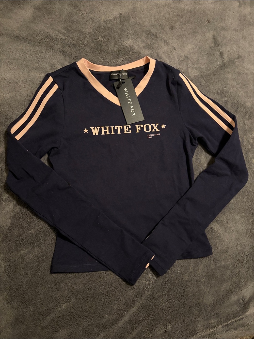 White Fox Boutique Navy Long Sleeve Top with Blush Accents